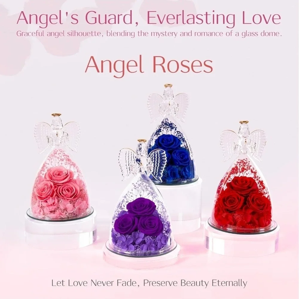 Valentines Flower Gift for Grandma Mom, Forever Real Roses in Angel Figurine